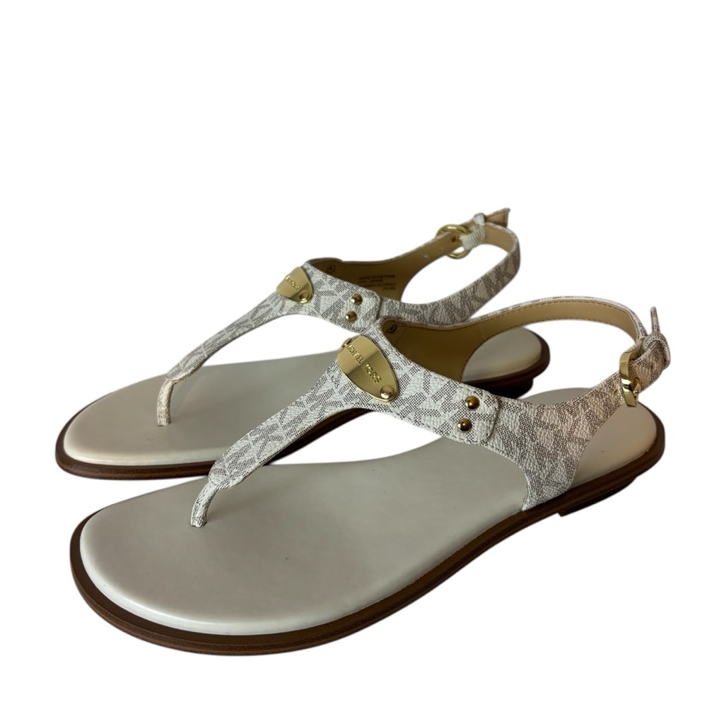 Michael Kors Plate Thong Sandals Vanilla Gray Signature Logo Women’s Size 7.5